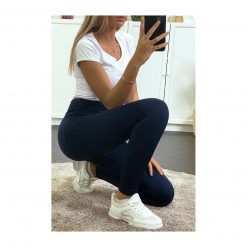 legging sport taille haute pas cher femme bleu marine fonce acroupie