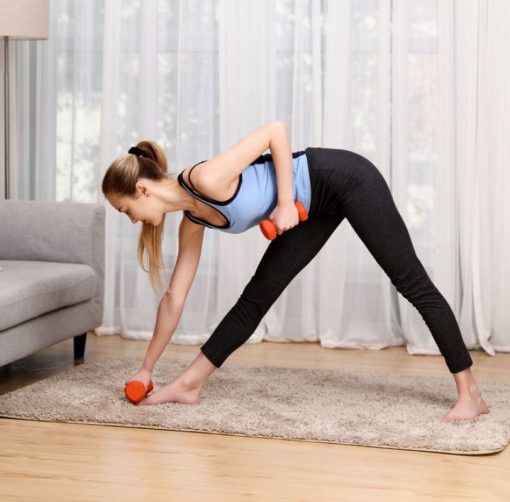 femme exercice fitness halteres vinyle orange