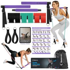 Goocrun Kit de Barre de Pilates Portable avec Bandes de résistance pour Hommes et Femmes - 6 Bandes de résistance d'exercice - Équipement de Gymnastique à Domicile - avec Affiche de Fitness et vidéo