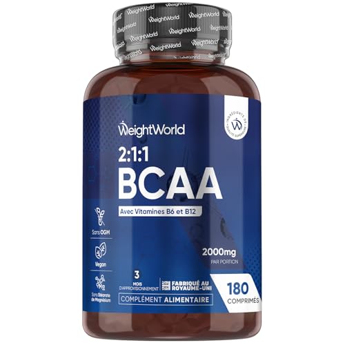 BCAA Comprimés 2:1:1 Vegan 2000mg, avec Vitamine B6 et B12 – 3 Mois de Stock – Seulement 2 Comprimés Sécables par Jour, Acides Aminés 180 Tablets – sans Arôme, sans Aspartame ni Sucre, sans OGM