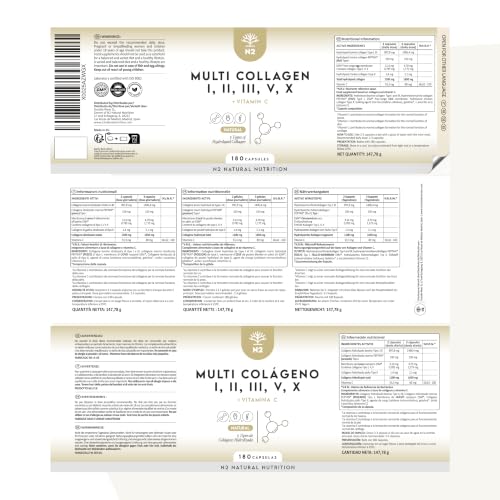 Multi Collagène Marin et Bovin 1650mg. 180 Gélules. Peptide de Collagene Hydrolysé Type 1, 2, 3, 5, 10. Complexe Collagene pour la Peau, Articulations et Cheveux + Vitamine C. N2 Natural Nutrition