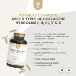 Multi Collagène Marin et Bovin 1650mg. 180 Gélules. Peptide de Collagene Hydrolysé Type 1, 2, 3, 5, 10. Complexe Collagene pour la Peau, Articulations et Cheveux + Vitamine C. N2 Natural Nutrition