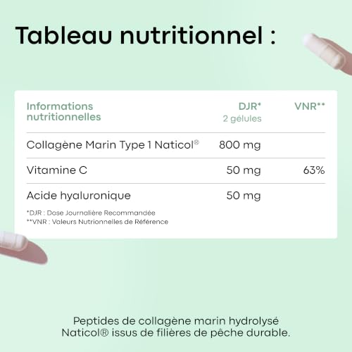 Collagene Marin + Acide Hyaluronique + Vitamine C, 120 Gélules 2 Mois