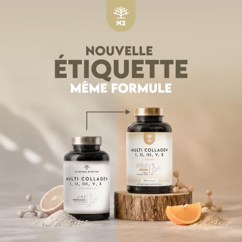 Multi Collagène Marin et Bovin 1650mg. 180 Gélules. Peptide de Collagene Hydrolysé Type 1, 2, 3, 5, 10. Complexe Collagene pour la Peau, Articulations et Cheveux + Vitamine C. N2 Natural Nutrition