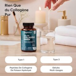 Collagene Marin Gelules Pur Type 1 & 3, 120 Gélules Multi Usages, Peptide de Collagene Marin Hydrolysé, 1200mg sans Additifs ni OGM, sans Gluten ni Stéarate de Magnésium, 2 Mois d'Approvisionnement
