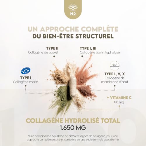 Multi Collagène Marin et Bovin 1650mg. 180 Gélules. Peptide de Collagene Hydrolysé Type 1, 2, 3, 5, 10. Complexe Collagene pour la Peau, Articulations et Cheveux + Vitamine C. N2 Natural Nutrition