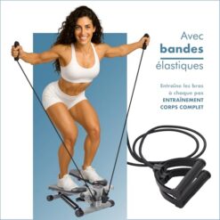 PORTENTUM Mini Stepper Fitness Appartement avec Bandes de résistance et écran LCD 5 Fonctions — escalier Sport Maison 3 en 1 pour Jambes, fessiers et Bras — Intensité réglable — Compact