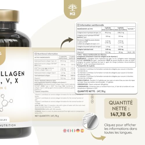 Multi Collagène Marin et Bovin 1650mg. 180 Gélules. Peptide de Collagene Hydrolysé Type 1, 2, 3, 5, 10. Complexe Collagene pour la Peau, Articulations et Cheveux + Vitamine C. N2 Natural Nutrition