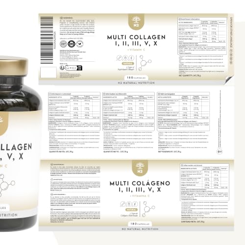 Multi Collagène Marin et Bovin 1650mg. 180 Gélules. Peptide de Collagene Hydrolysé Type 1, 2, 3, 5, 10. Complexe Collagene pour la Peau, Articulations et Cheveux + Vitamine C. N2 Natural Nutrition
