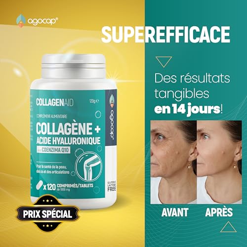 Collagene et acide hyaluronique Collagene 120 comprimes, Articulations Fortes et Peau Hydratée. Collagène, Acide Hyaluronique, Coenzyme q10. Cure de 2 mois. Collagene pour Articulation et Ongles