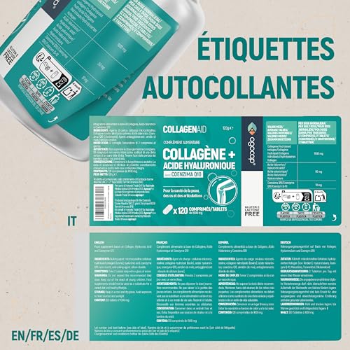 Collagene et acide hyaluronique Collagene 120 comprimes, Articulations Fortes et Peau Hydratée. Collagène, Acide Hyaluronique, Coenzyme q10. Cure de 2 mois. Collagene pour Articulation et Ongles