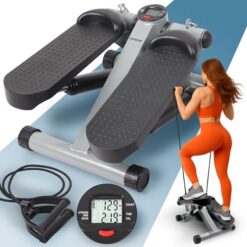 PORTENTUM Mini Stepper Fitness Appartement avec Bandes de résistance et écran LCD 5 Fonctions — escalier Sport Maison 3 en 1 pour Jambes, fessiers et Bras — Intensité réglable — Compact