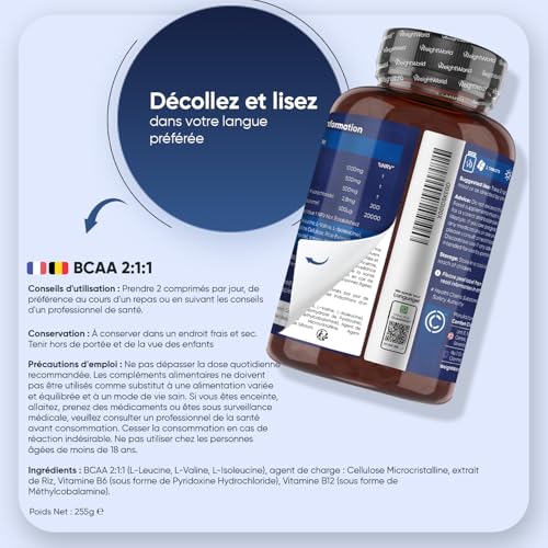 BCAA Comprimés 2:1:1 Vegan 2000mg, avec Vitamine B6 et B12 – 3 Mois de Stock – Seulement 2 Comprimés Sécables par Jour, Acides Aminés 180 Tablets – sans Arôme, sans Aspartame ni Sucre, sans OGM