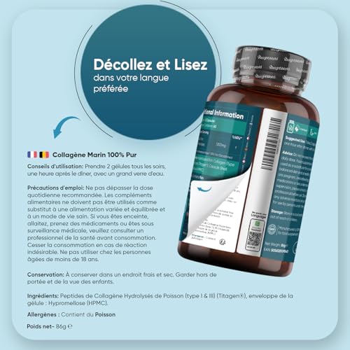 Collagene Marin Gelules Pur Type 1 & 3, 120 Gélules Multi Usages, Peptide de Collagene Marin Hydrolysé, 1200mg sans Additifs ni OGM, sans Gluten ni Stéarate de Magnésium, 2 Mois d'Approvisionnement