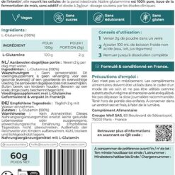 L Glutamine CUURE Acide Aminé en Poudre [60g] 100% Pure Récupération Sport Hautement Biodisponible 30 Jours Saveur Neutre Fabriqué en France